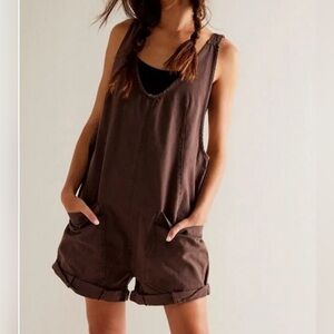 We The Free Mocha High Roller Denim Overall Shortall Baggy Romper Slouchy